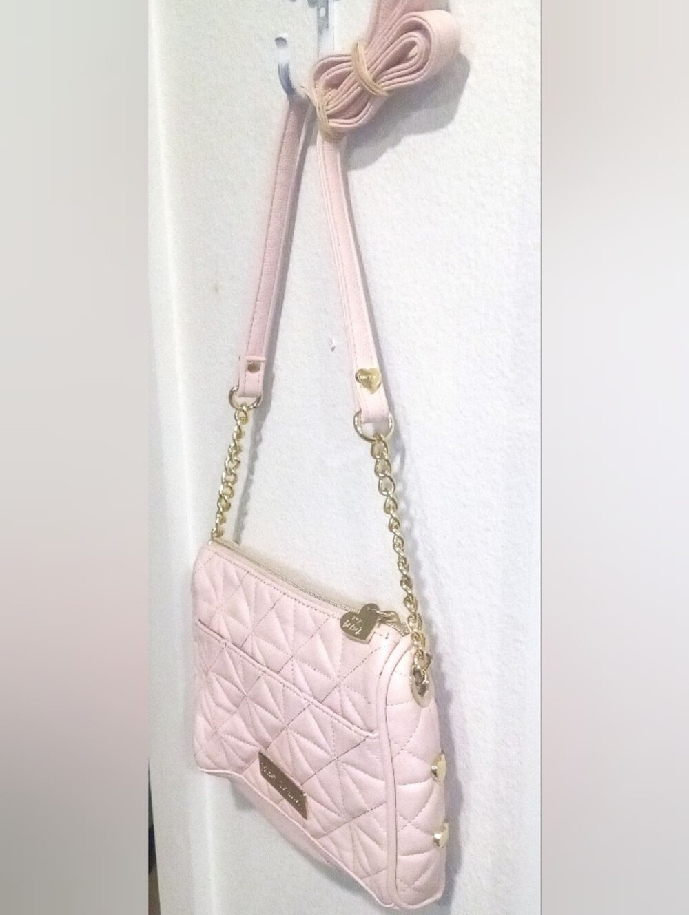 Betsey Johnson Pink Quilted Crossbody Bag With Gold Hearts Details